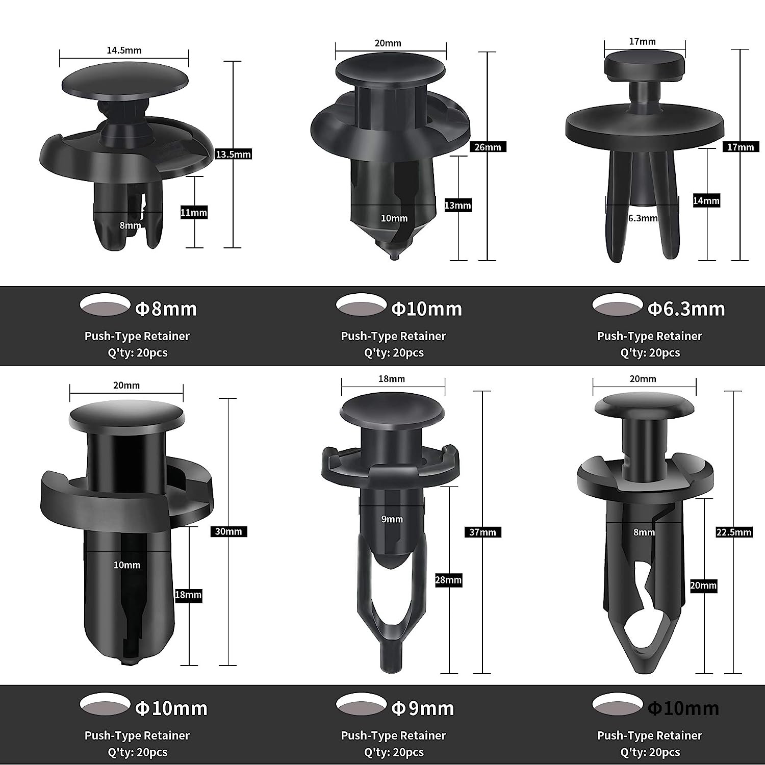 KCRTEK 120 pcs 6.3mm 8mm 9mm 10mm Nylon Bumper Push Fasteners,Bumper Clips with Fastener Removal Tool - Image 3
